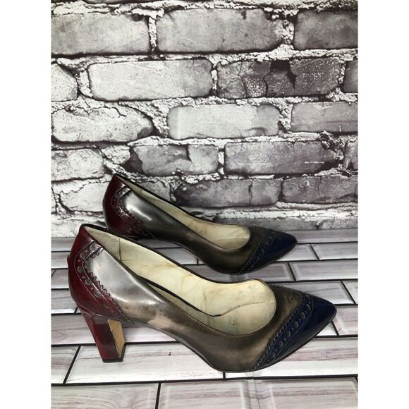 Mona Lisa Gray Blue Red Leather Pointed Toe Dress Heels Women’s Sz 37.5EU/7M US - Picture 15 of 16